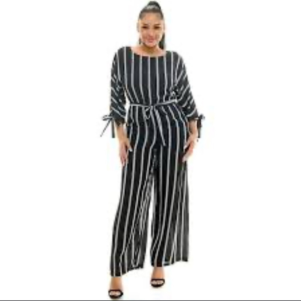 Luxology Jumpsuit 10 Black and White Striped Belt Tie Sleeves Wide leg pants - Picture 11 of 12